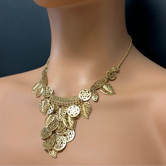 Chic Gold Leaf & Coin Statement Necklace - Picture 2 of 6